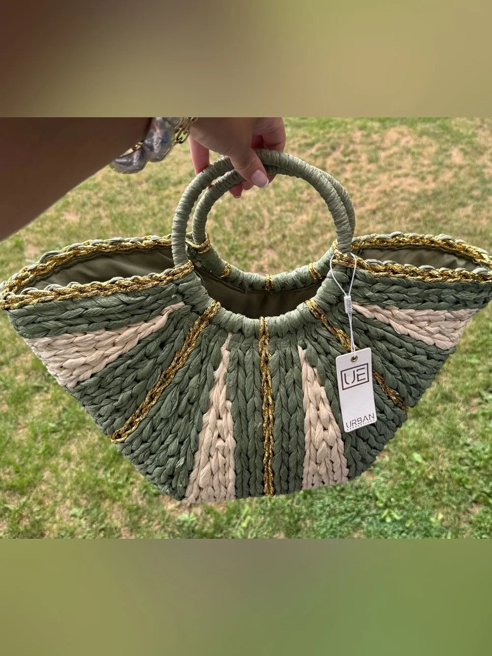 Urban Expressions Olive, Cream & Gold Braided Circle-Handle Tote - Picture 1 of 4